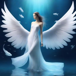 Create an image of a beautiful creature that is half fish, half human with pristine white angel wings and a long, elegant tail