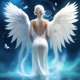 Create an image of a beautiful creature that is half fish, half human with pristine white angel wings and a long, elegant tail