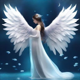 Create an image of a beautiful creature that is half fish, half human with pristine white angel wings and a long, elegant tail