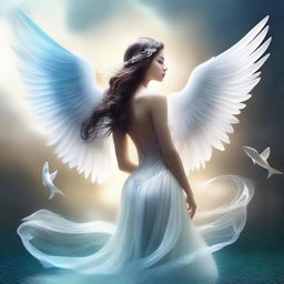 Create an image of a beautiful creature that is half fish, half human with pristine white angel wings and a long, elegant fish tail