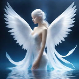 Create an image of a beautiful creature that is half fish, half human with pristine white angel wings and a long, elegant fish tail