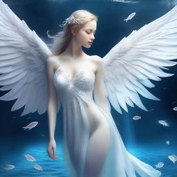 Create an image of a beautiful creature that is half fish, half human with pristine white angel wings and a long, elegant fish tail