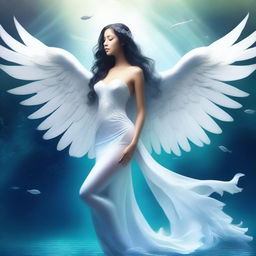 Create an image of a beautiful creature that is half fish, half human with pristine white angel wings and a long, elegant fish tail