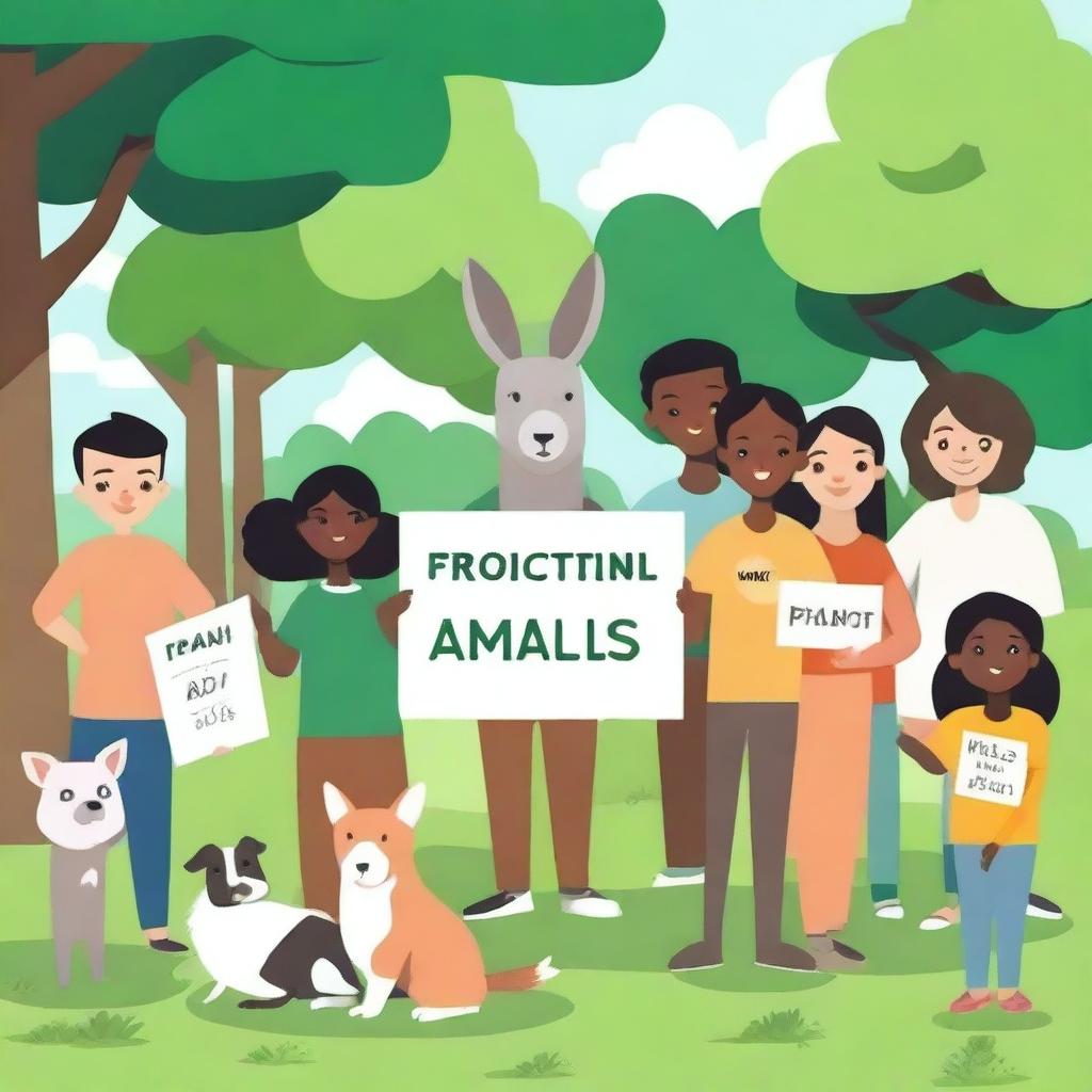 An inspiring scene promoting animal rights, featuring a diverse group of people of all ages and backgrounds holding signs and banners advocating for the protection and ethical treatment of animals