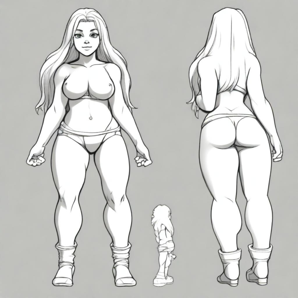 A full-body model sheet of a miniature dwarf girl with a white t-shirt, large breasts, wide hips, thick legs, and large buttocks