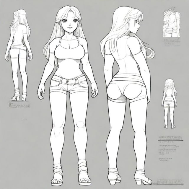 A full-body model sheet of a miniature dwarf girl with a white t-shirt, large breasts, wide hips, thick legs, and large buttocks