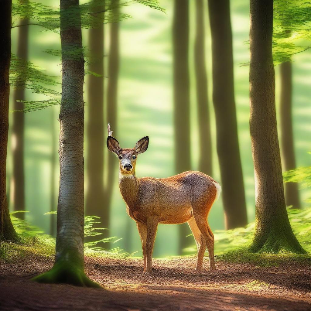 A serene scene of a deer standing gracefully in the woods