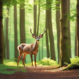 A serene scene of a deer standing gracefully in the woods