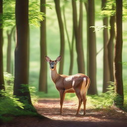 A serene scene of a deer standing gracefully in the woods