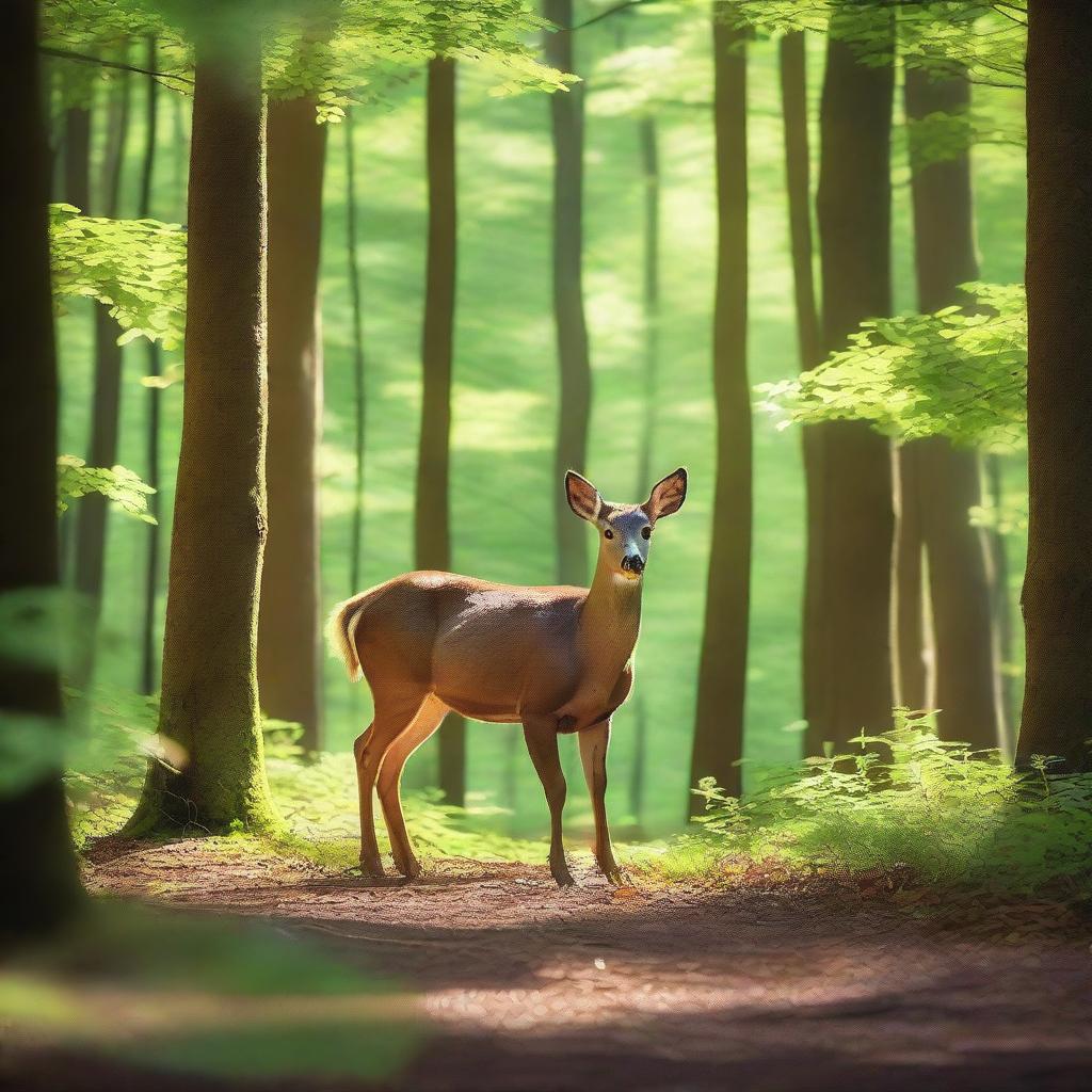 A serene scene of a deer standing gracefully in the woods