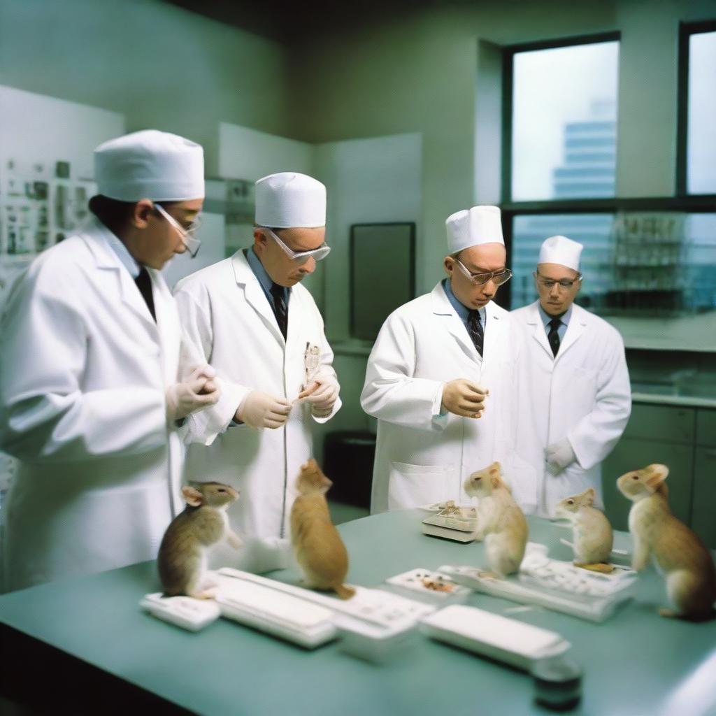 A group of animals, including rabbits, monkeys, and mice, being tested with various products in a laboratory setting