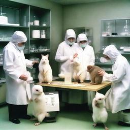 A group of animals, including rabbits, monkeys, and mice, being tested with various products in a laboratory setting