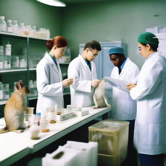 A group of animals, including rabbits, monkeys, and mice, being tested with various products in a laboratory setting