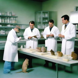 A group of animals, including rabbits, monkeys, and mice, being tested with various products in a laboratory setting