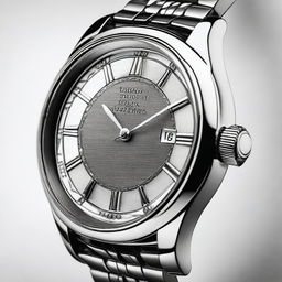 A detailed image of a stylish wristwatch with a sleek metal band and an elegant round face