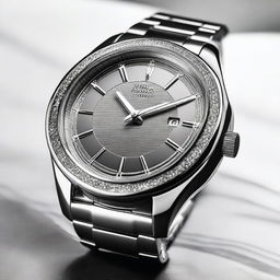 A detailed image of a stylish wristwatch with a sleek metal band and an elegant round face