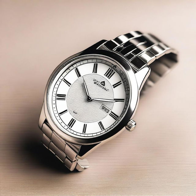 A detailed image of a stylish wristwatch with a sleek metal band and an elegant round face