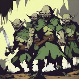 A group of goblins holding knives in a threatening manner, depicted in an anime style