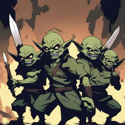 A group of goblins holding knives in a threatening manner, depicted in an anime style