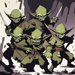 A group of goblins holding knives in a threatening manner, depicted in an anime style