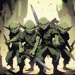 A group of goblins holding knives in a threatening manner, depicted in an anime style