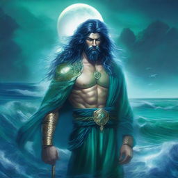 The god called Thalor appears as a mighty figure of oceanic power, with sea-green eyes and hair that shimmers like water under moonlight, clad in regal robes of deep ocean blue