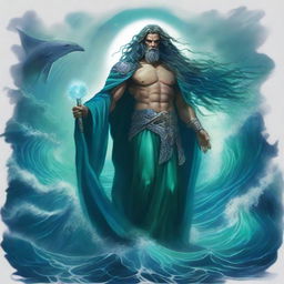 The god called Thalor appears as a mighty figure of oceanic power, with sea-green eyes and hair that shimmers like water under moonlight, clad in regal robes of deep ocean blue