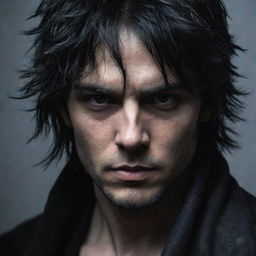 A dark assassin with jet black hair disheveled in strands, casting shadows over his intense, penetrating eyes. His angular face, marked by quiet scars of a painful past, featuring an intense and determined expression.