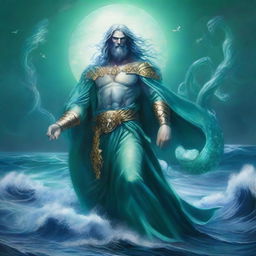 The god called Thalor appears as a mighty figure of oceanic power, with sea-green eyes and hair that shimmers like water under moonlight, clad in regal robes of deep ocean blue