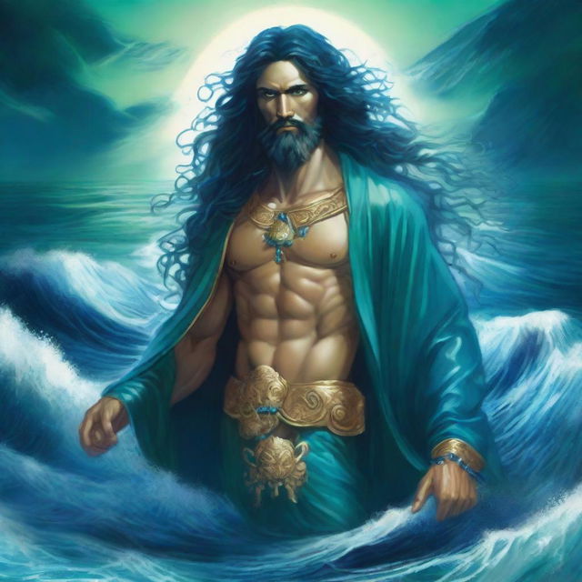 The god called Thalor appears as a mighty figure of oceanic power, with sea-green eyes and hair that shimmers like water under moonlight, clad in regal robes of deep ocean blue