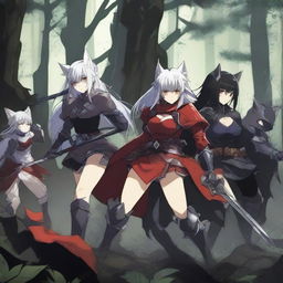 An anime-style image depicting a fierce battle between three warrior women and a group of goblins