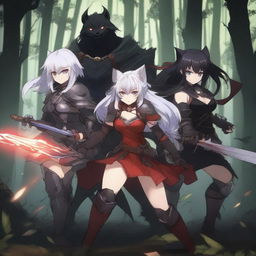 An anime-style image depicting a fierce battle between three warrior women and a group of goblins