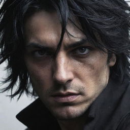 A dark assassin with jet black hair disheveled in strands, casting shadows over his intense, penetrating eyes. His angular face, marked by quiet scars of a painful past, featuring an intense and determined expression.