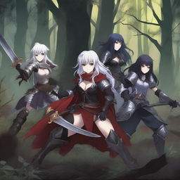 An anime-style image depicting a fierce battle between three warrior women and a group of goblins