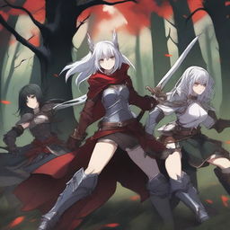 An anime-style image depicting a fierce battle between three warrior women and a group of goblins