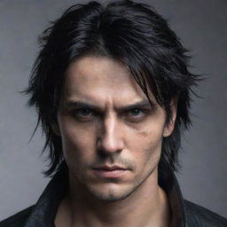 A dark assassin with jet black hair disheveled in strands, casting shadows over his intense, penetrating eyes. His angular face, marked by quiet scars of a painful past, featuring an intense and determined expression.