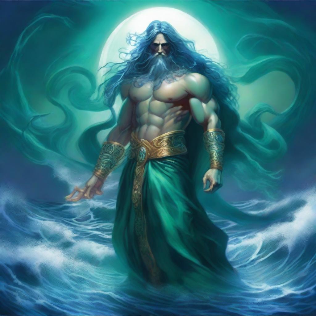 The god called Thalor appears as a mighty figure of oceanic power, with sea-green eyes and hair that shimmers like water under moonlight, clad in regal robes of deep ocean blue