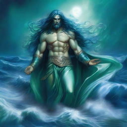 The god called Thalor appears as a mighty figure of oceanic power, with sea-green eyes and hair that shimmers like water under moonlight, clad in regal robes of deep ocean blue