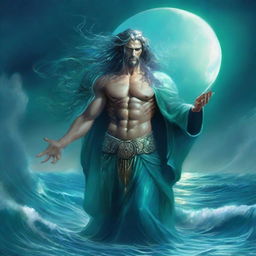 The god called Thalor appears as a mighty figure of oceanic power, with sea-green eyes and hair that shimmers like water under moonlight, clad in regal robes of deep ocean blue