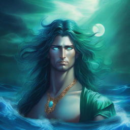 The god called Thalor appears as a mighty figure of oceanic power, with sea-green eyes and hair that shimmers like water under moonlight, clad in regal robes of deep ocean blue