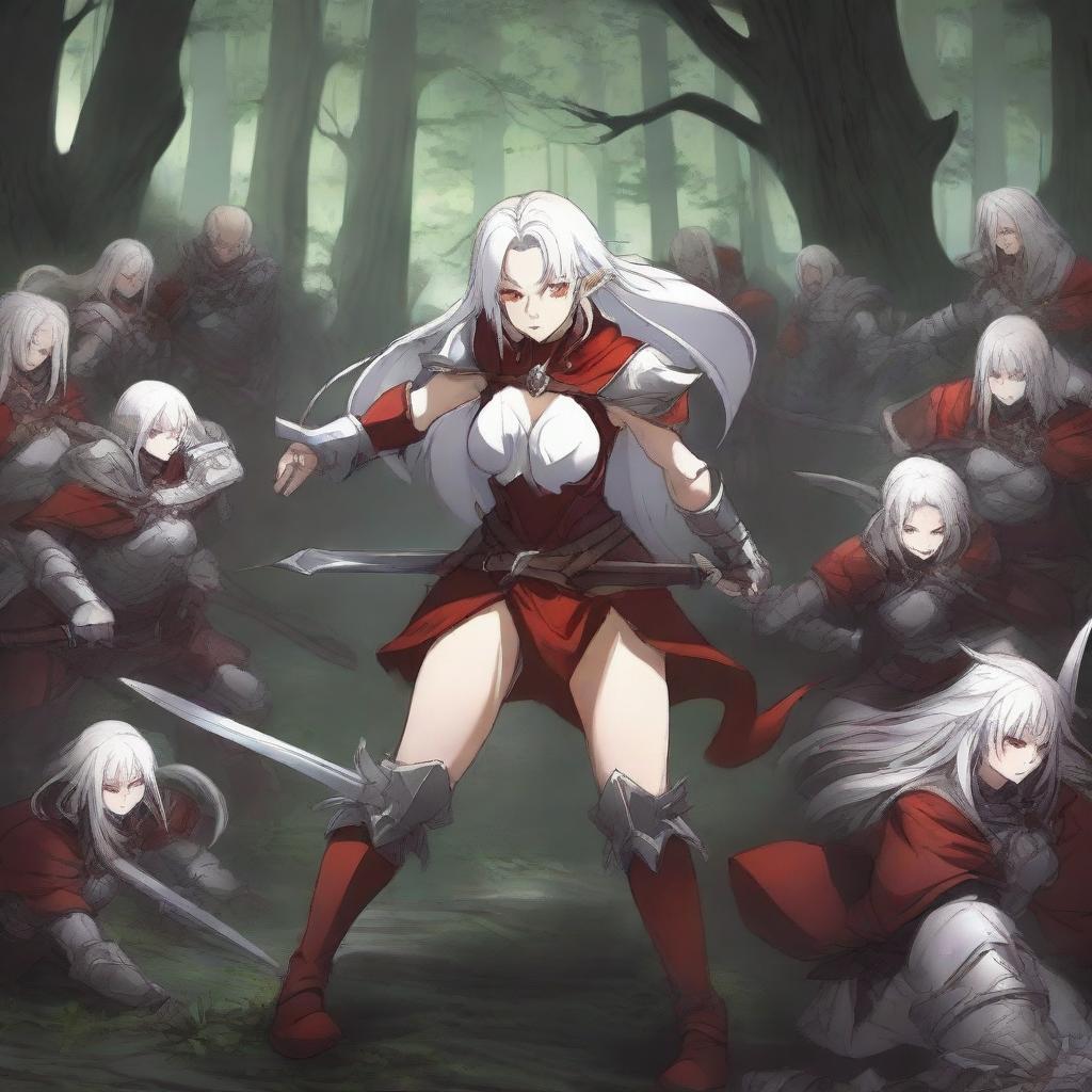 An anime-style image depicting a fierce battle between a warrior woman with white hair and red armor and a group of furious goblins