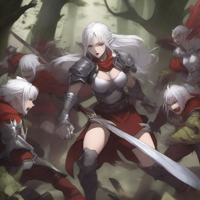 An anime-style image depicting a fierce battle between a warrior woman with white hair and red armor and a group of furious goblins