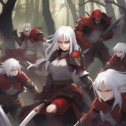 An anime-style image depicting a fierce battle between a warrior woman with white hair and red armor and a group of furious goblins