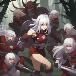 An anime-style image depicting a fierce battle between a warrior woman with white hair and red armor and a group of furious goblins