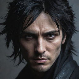 A dark assassin with jet black hair disheveled in strands, casting shadows over his intense, penetrating eyes. His angular face, marked by quiet scars of a painful past, featuring an intense and determined expression.