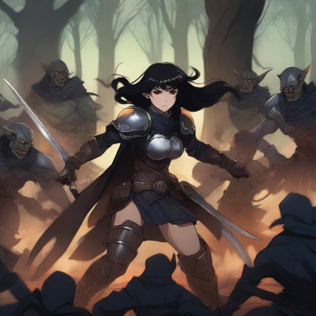 An anime-style image depicting a fierce battle between a warrior woman with black hair and leather armor and a group of furious goblins