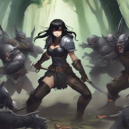 An anime-style image depicting a fierce battle between a warrior woman with black hair and leather armor and a group of furious goblins