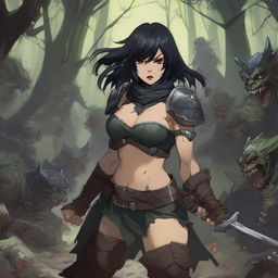 An anime-style image depicting a fierce battle between a warrior woman with black hair and leather armor and a group of furious goblins