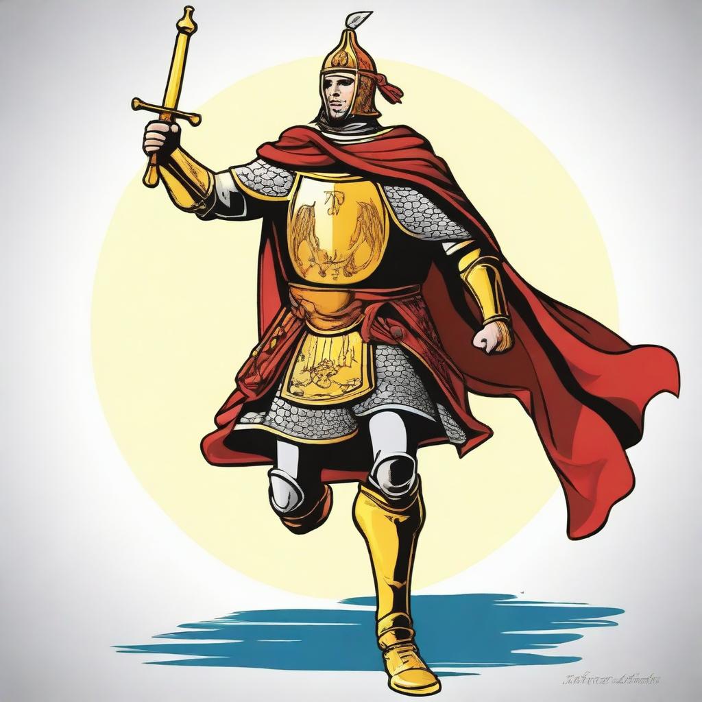 Create an illustration of El Cid Campeador that is suitable for 12-year-old children