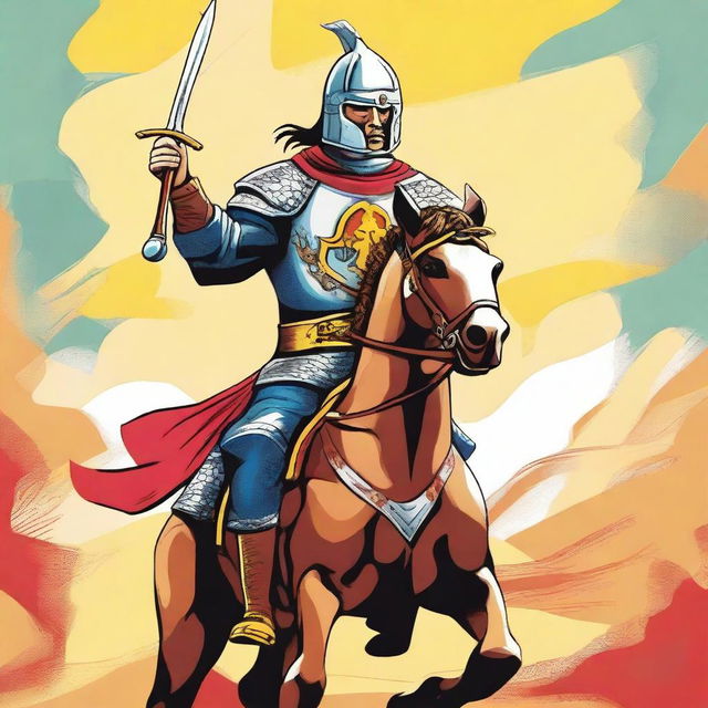 Create an illustration of El Cid Campeador that is suitable for 12-year-old children